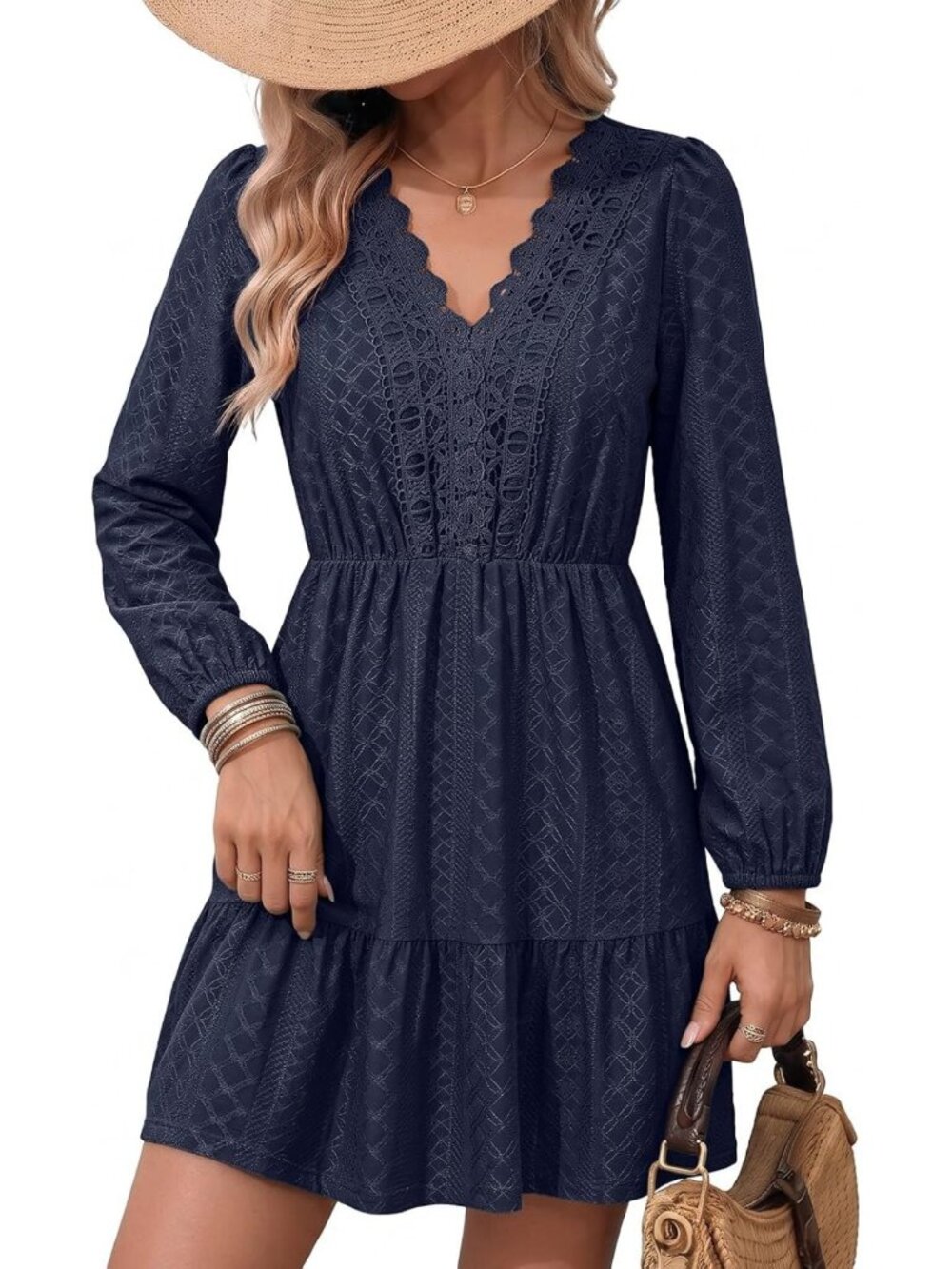 Lace Hollow Out Embroidered V-Neck Long Sleeve Women's Dress - Elegant & Stylish